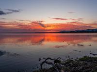 Orangerot leuchtende Wolkenschicht am Himmel über dem Chiemsee mit Treibgut